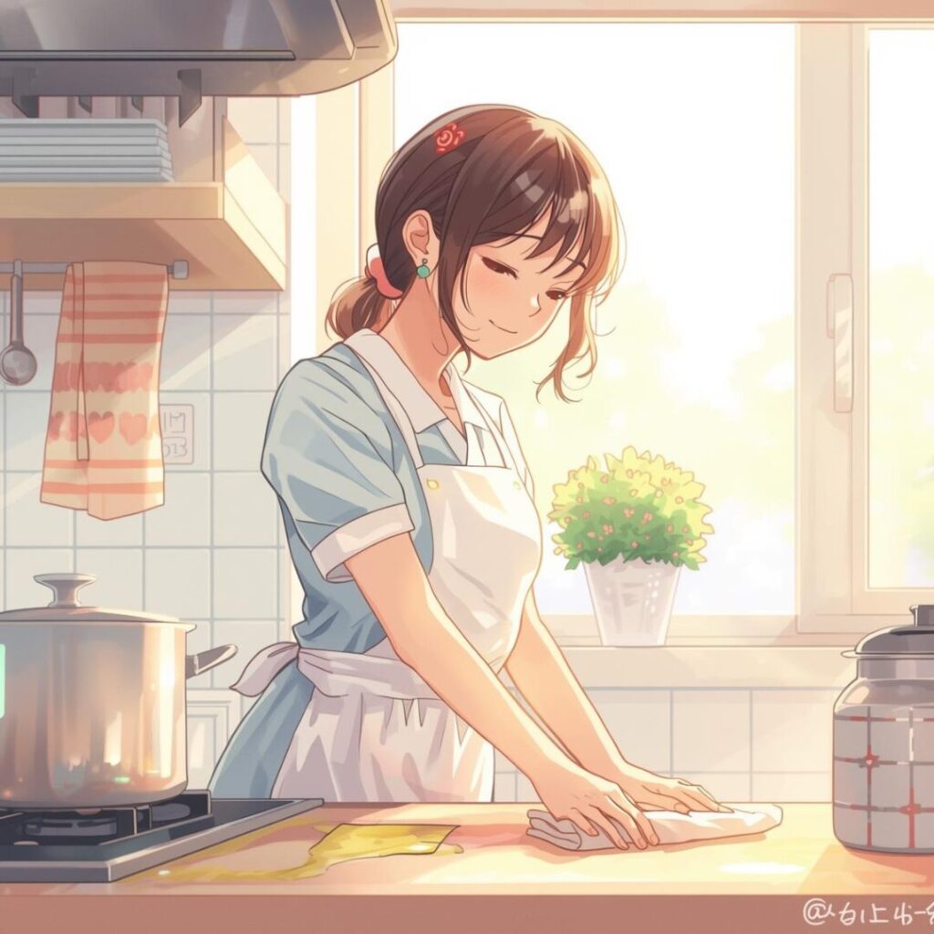 油汚れ掃除後のキレイになったキッチンのアニメ画像