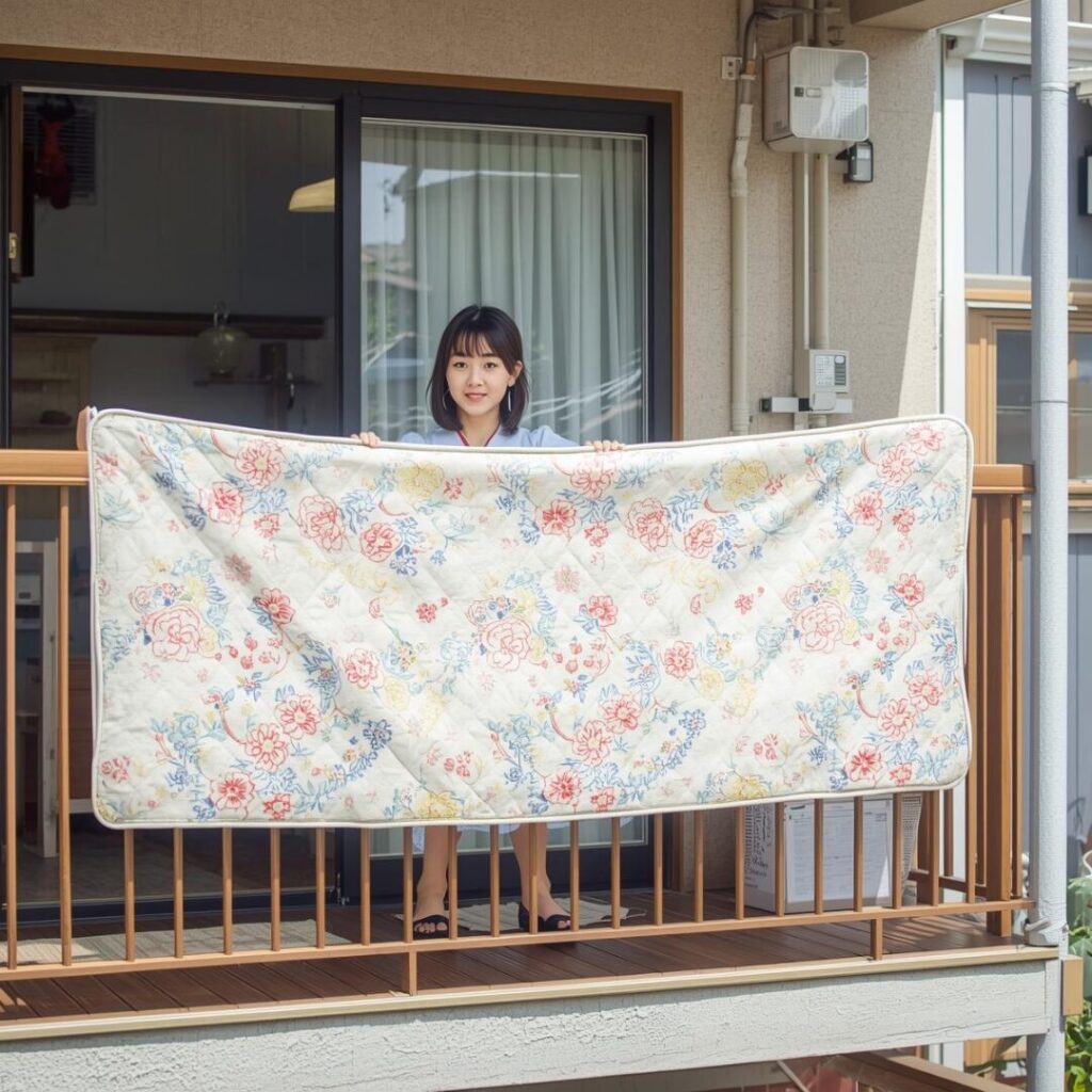 マットレスのダニ掃除をしている女性画像