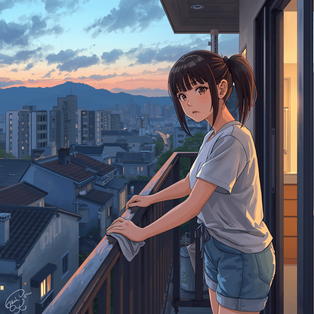 ベランダ花粉掃除をしているアニメ画像