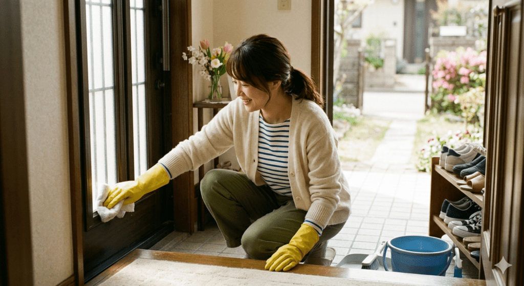 掃除の順番を理解して掃除中の女性画像