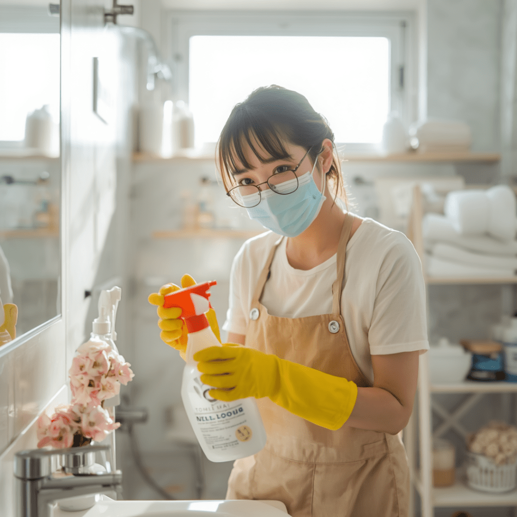 カビ取り剤ランキングの一位の洗剤を使う女性画像