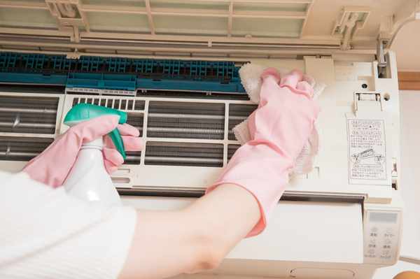 エアコンのカビ掃除：内部フィンの仕上げの拭き取り画像