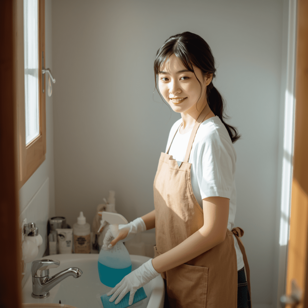 おすすめ水垢落とし洗剤を使って掃除している女性画像