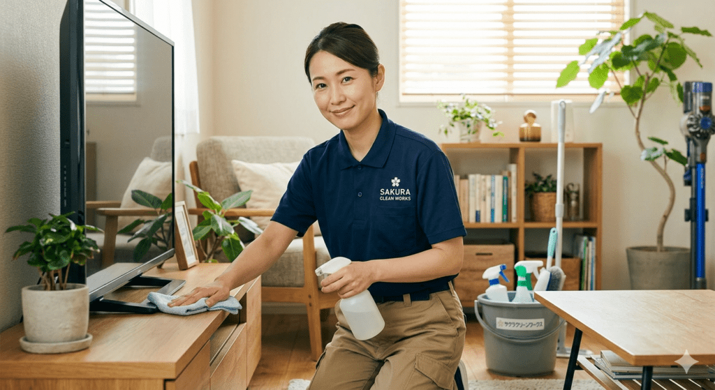 足立区周辺のハウスクリーニング・在宅清掃をしている女性画像