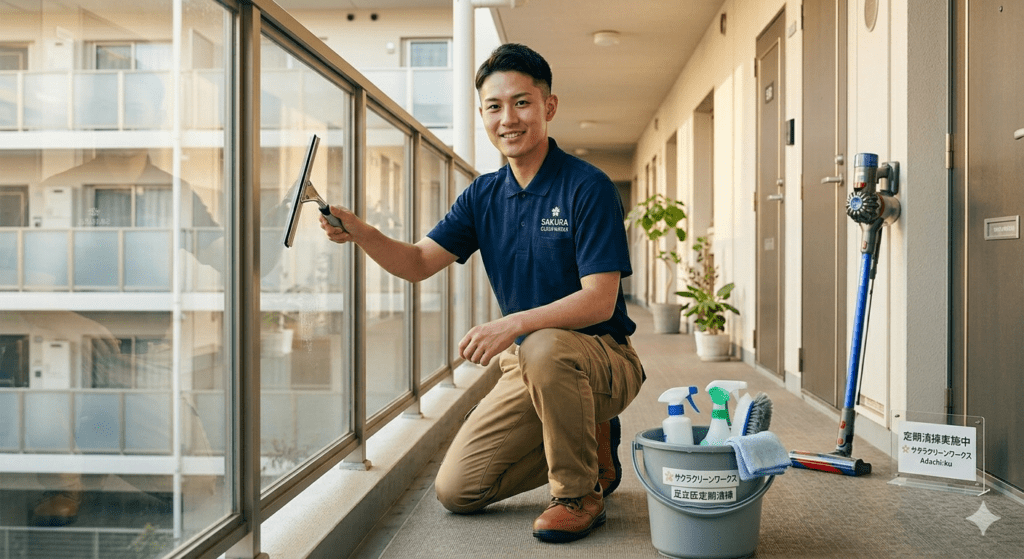 足立区周辺のアパート・マンション定期清掃・巡回清掃をしている男性の画像