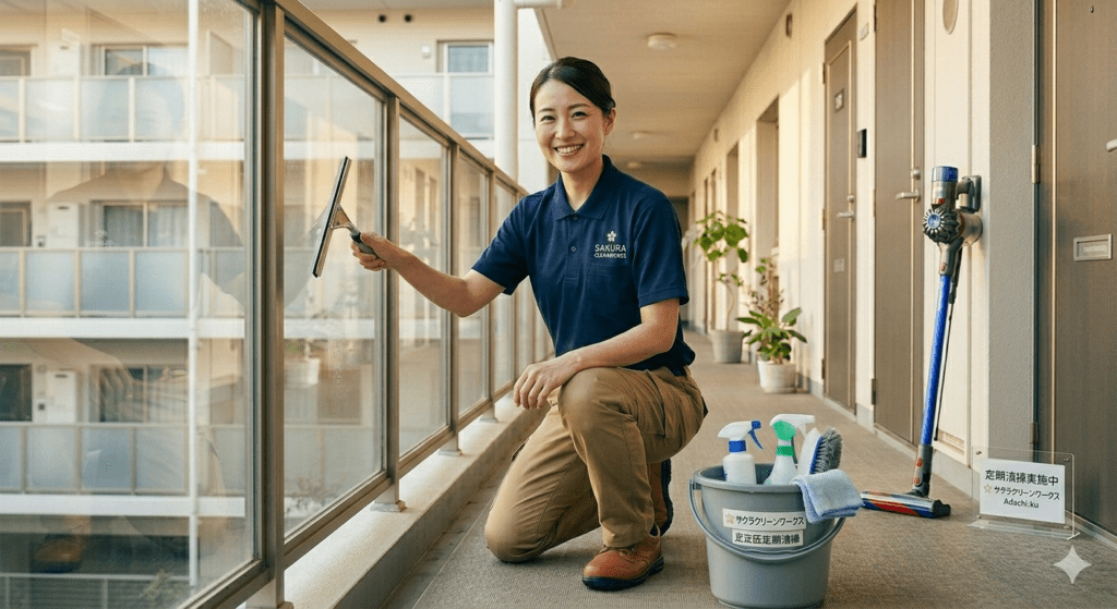 足立区周辺のアパート・マンション定期清掃・巡回清掃の女性画像