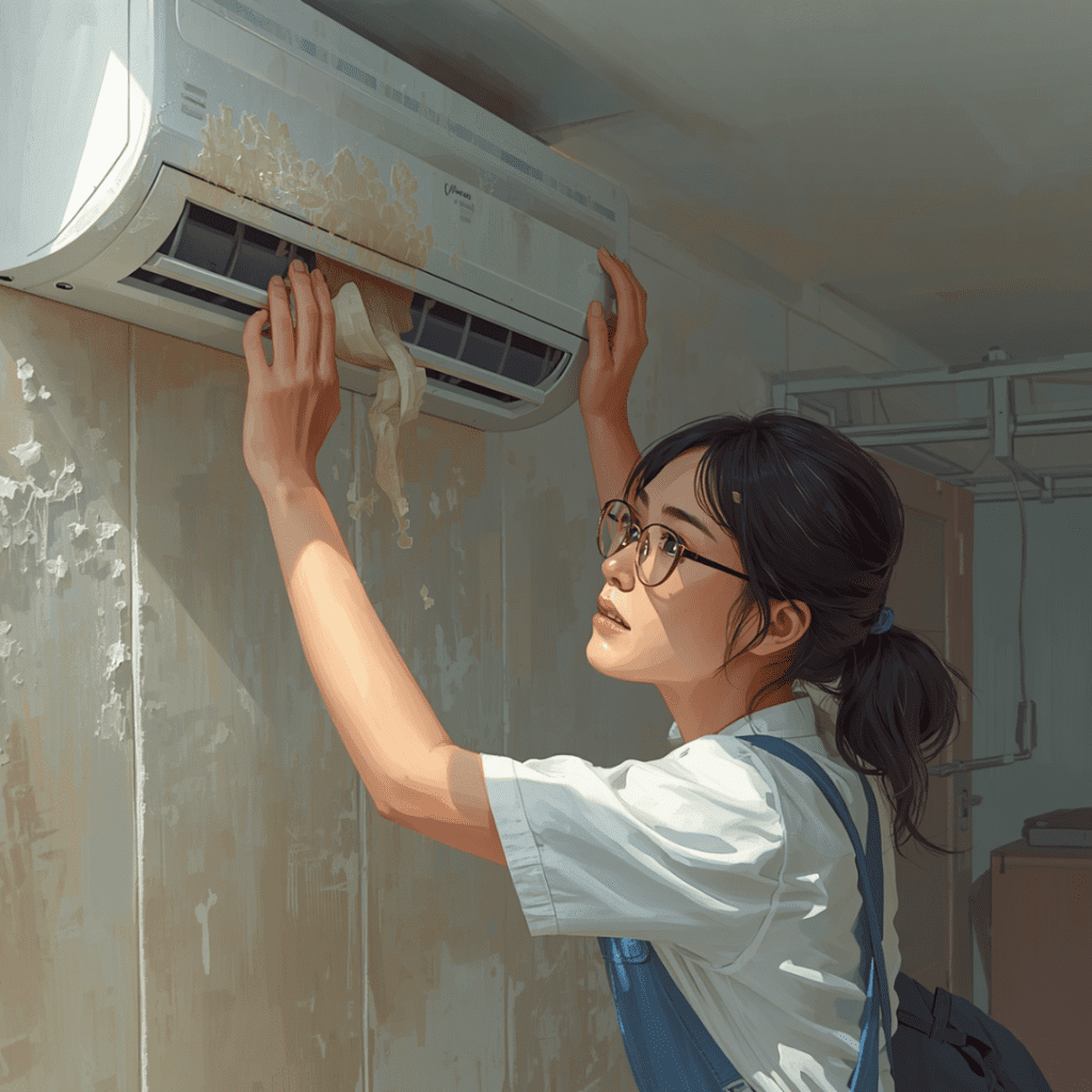 エアコンのカビ掃除を実践している女性画像