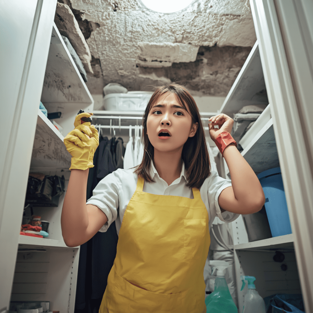 梅雨前にカビ掃除をしている女性画像