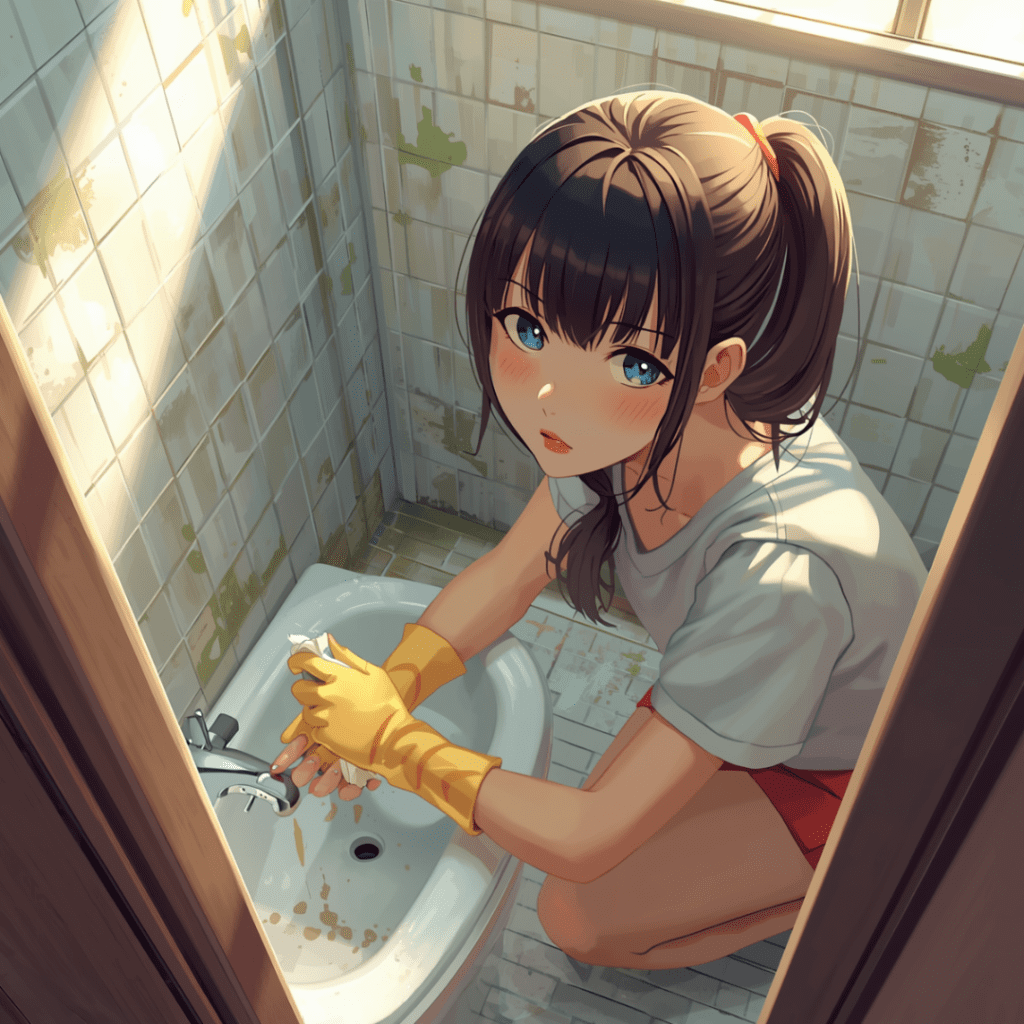 梅雨前のカビ掃除をしているアニメ画像