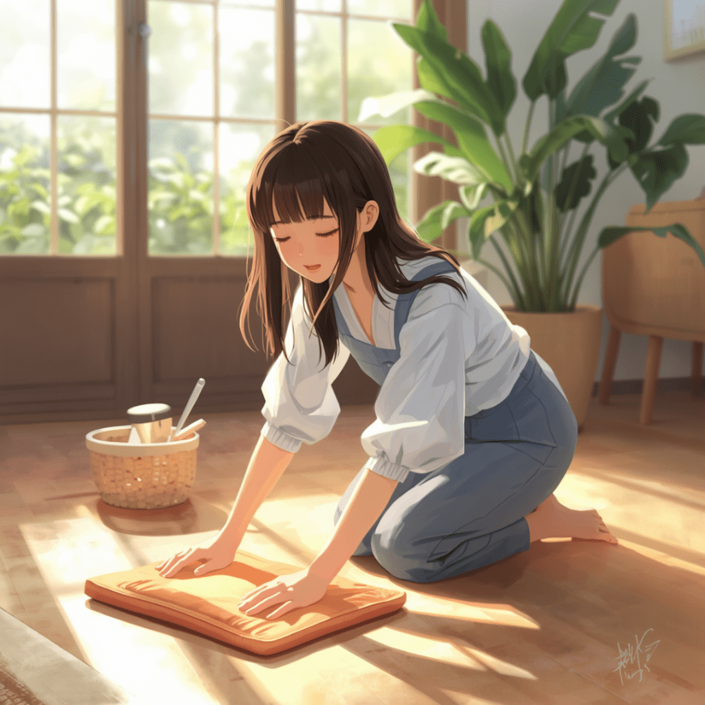 クッションフロア掃除をしているアニメ画像