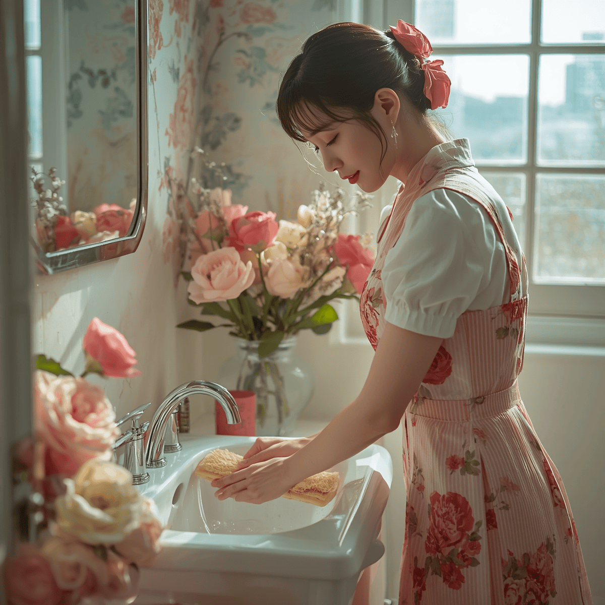 水回りのサビ落としをしている女性画像