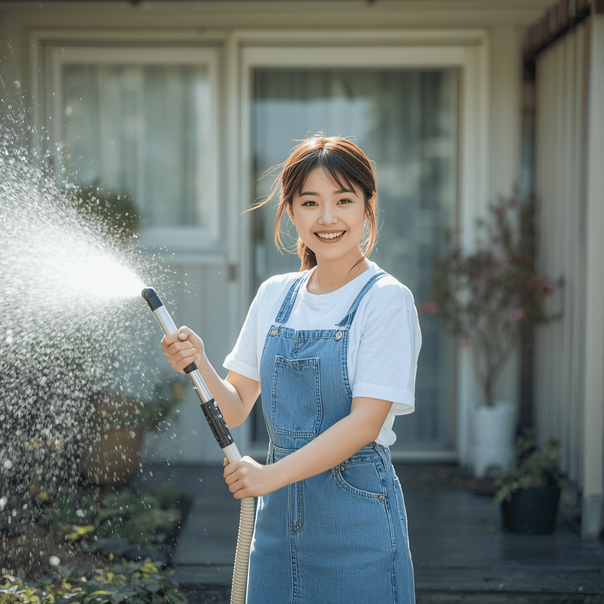 家の庭を高圧洗浄機を使って掃除している女性画像