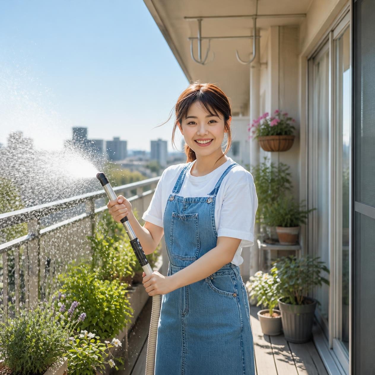 ベランダを高圧洗浄機を使って掃除している女性画像
